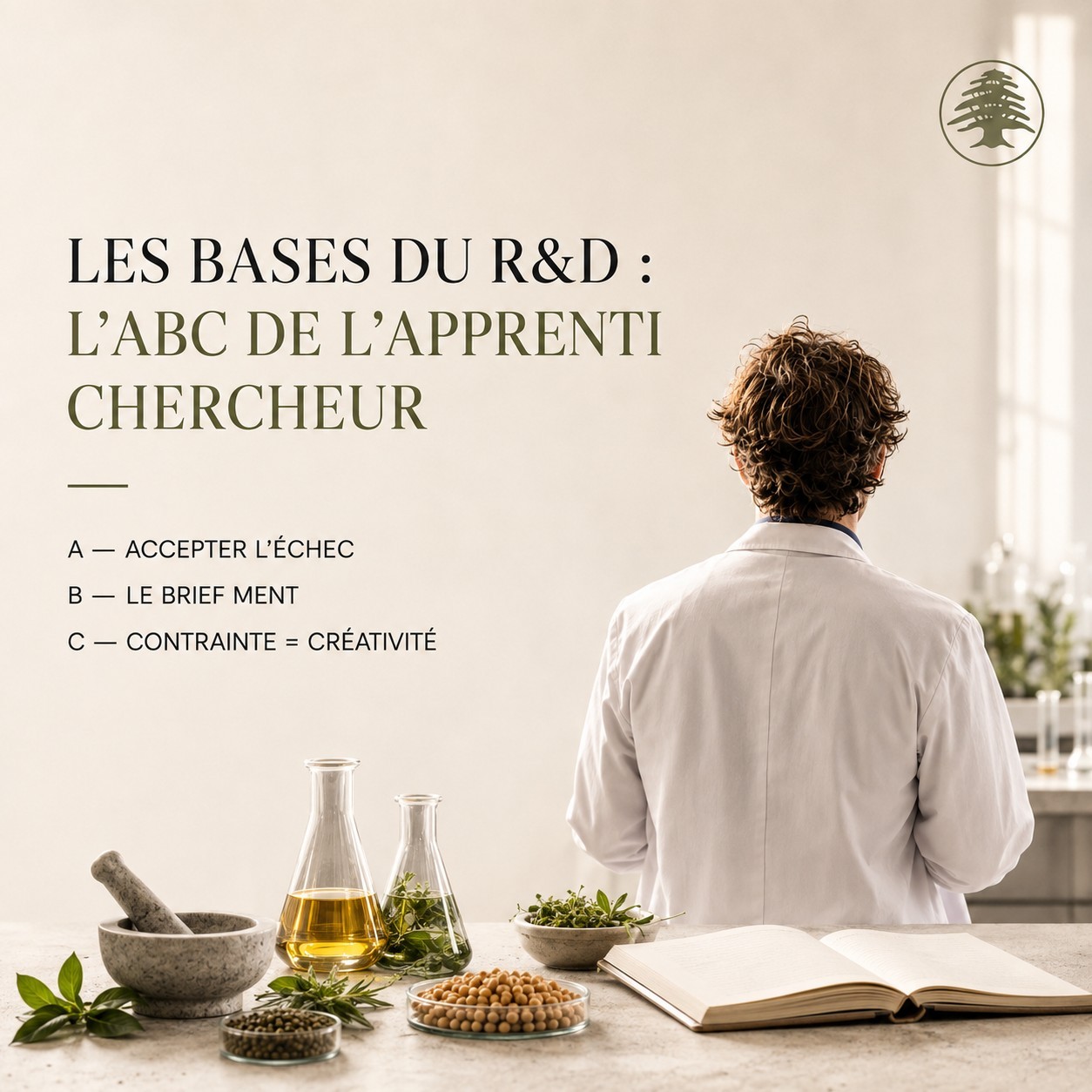 Établi de laboratoire : livres de formulation, béchers, tableau d'idées et carnet où s'écrit l'ABC du chercheur
