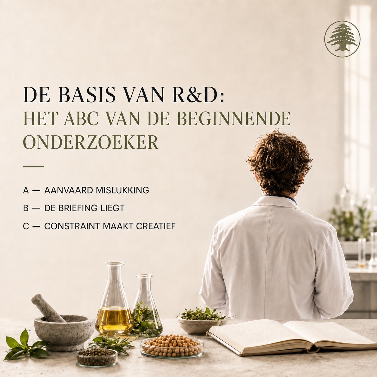 Labtafel: formuleringsboeken, bekers, een ideeënbord en een notitieboek met het abc van de onderzoeker