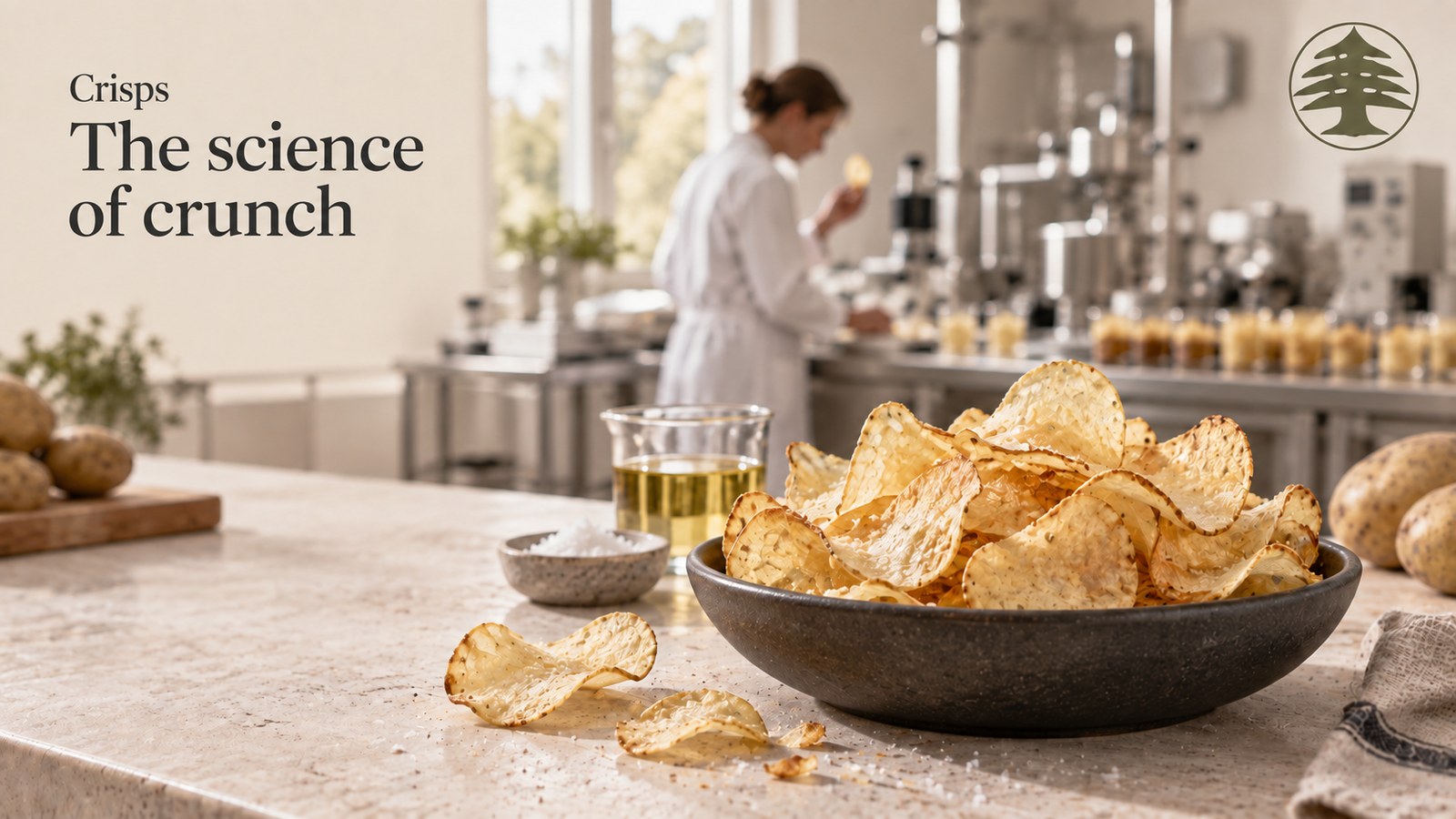 Bowl of golden crisps on a counter, oil and salt, a sensory lab in the background