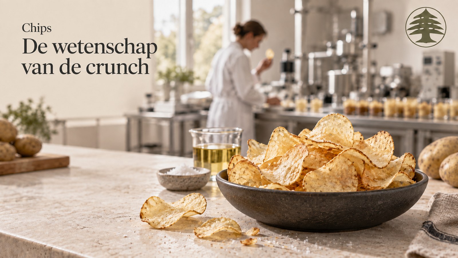 Kom gouden chips op een werkblad, olie en zout, een sensorisch labo op de achtergrond
