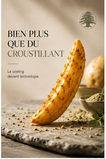Quartier de pomme de terre pané dressé sur une pierre, entouré d'épices