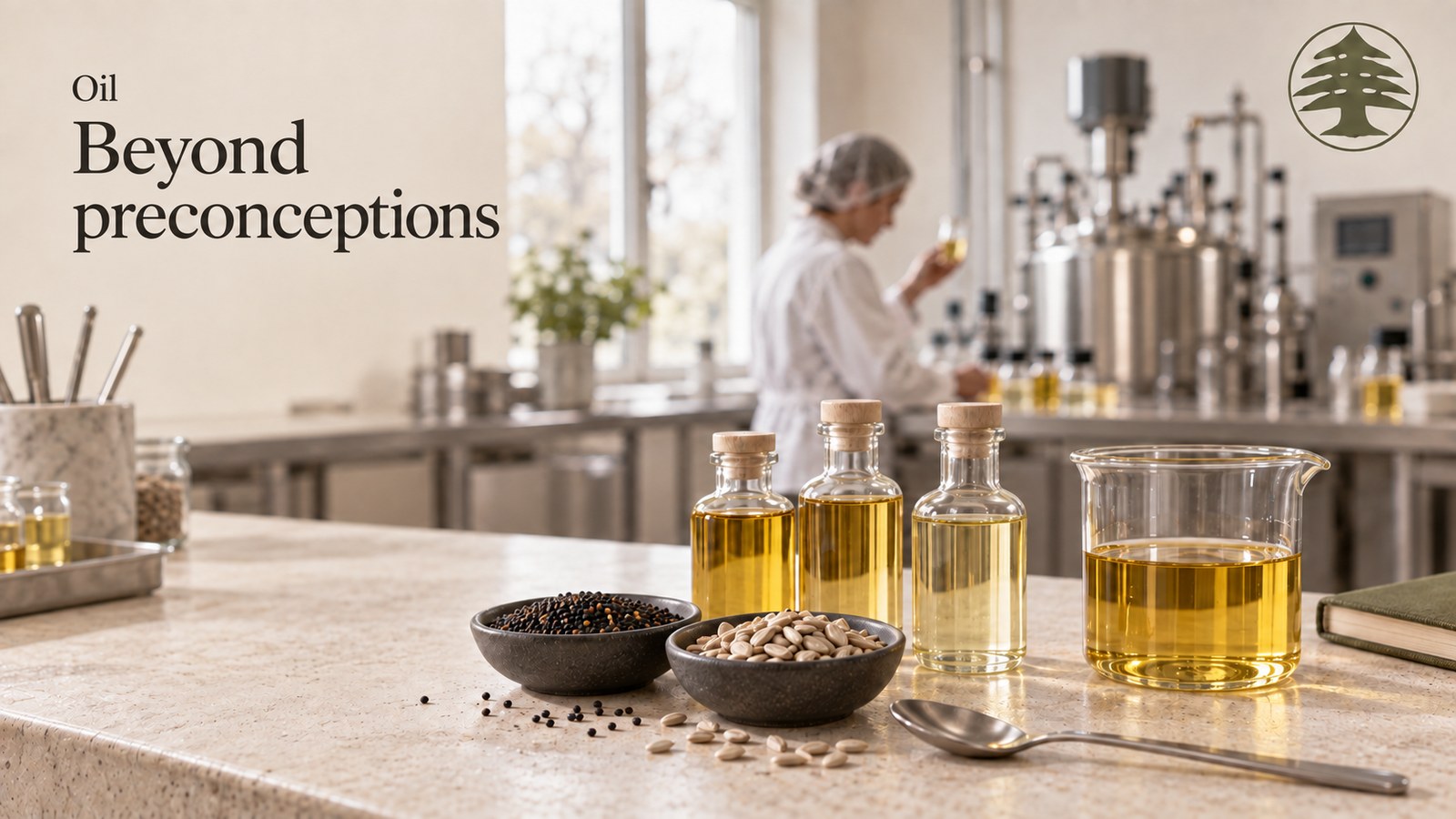 Bottles of oils and a beaker on a counter, seeds and a lab in the background