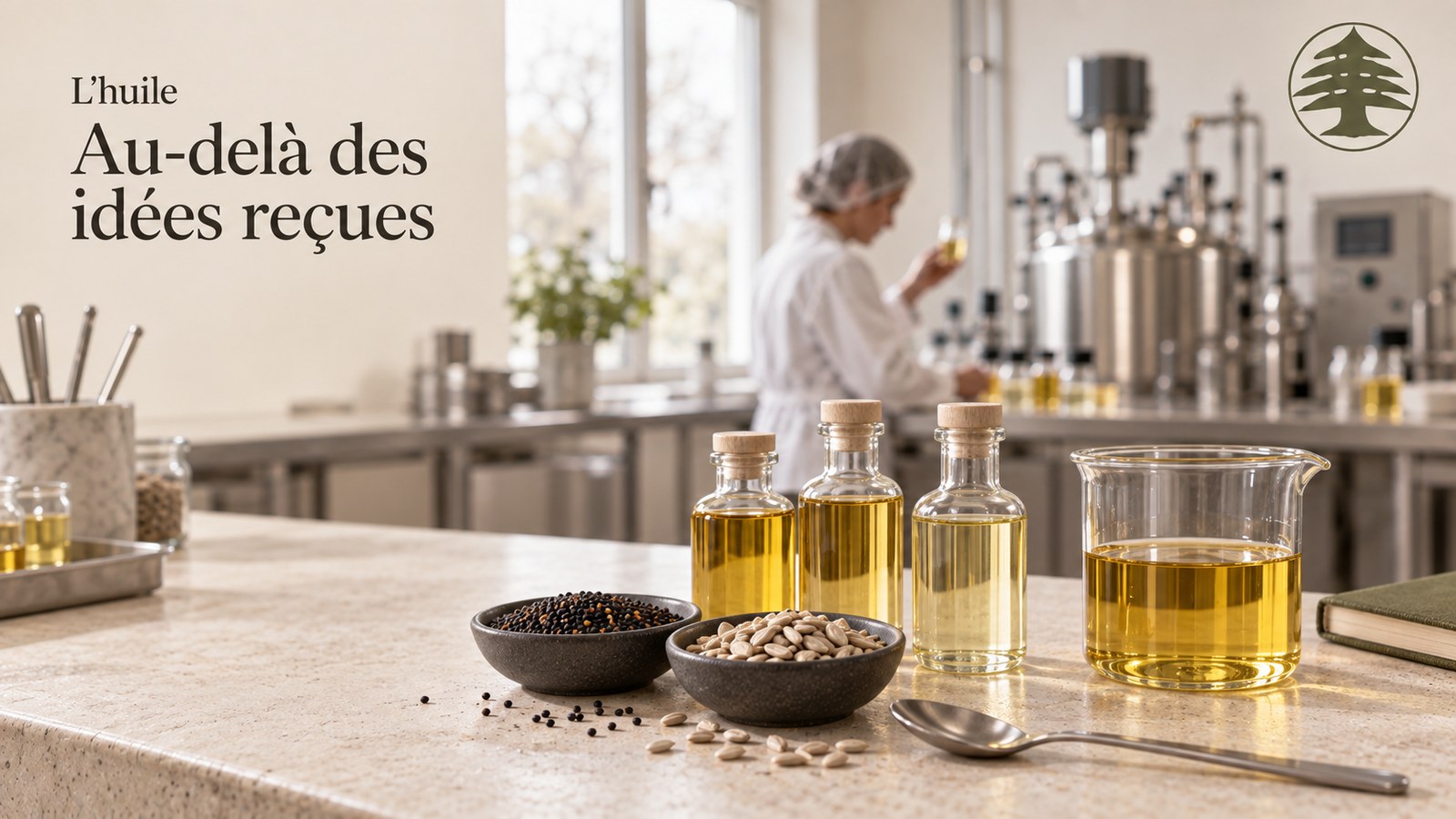 Flacons d'huiles et bécher sur un plan de travail, graines et laboratoire en arrière-plan