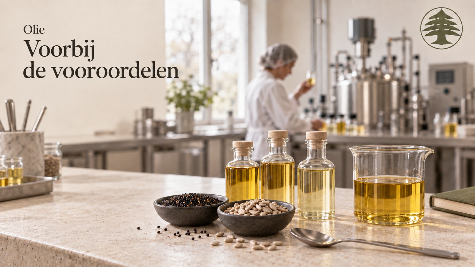 Flessen oliën en een beker op een werkblad, zaden en een labo op de achtergrond