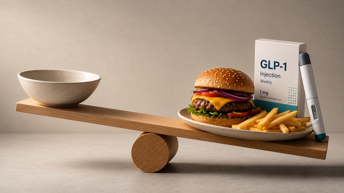 Wooden balance: an empty bowl on one side, a burger with fries and a GLP-1 pen on the other
