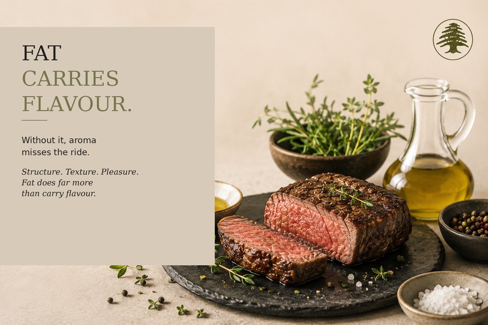 Seared beef steak sliced open on slate, with thyme, a carafe of oil, peppercorns and coarse salt