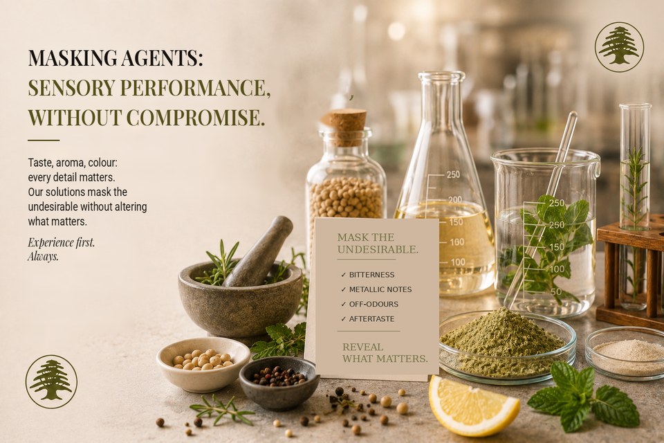 Laboratory bench: flasks and graduated beakers, test tubes with rosemary and mint, bowls of spices, plant powder and a lemon wedge