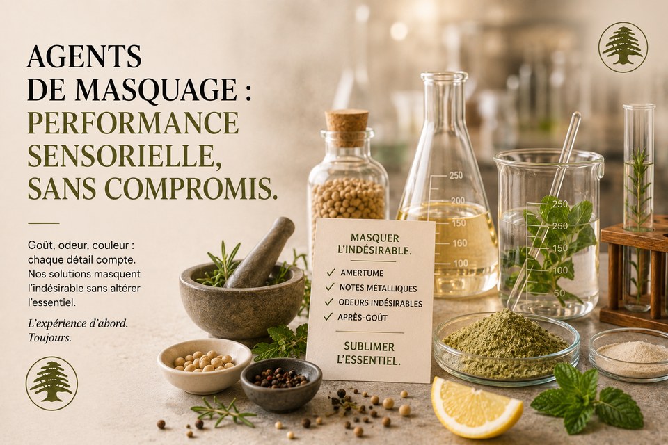 Paillasse de laboratoire : fioles et béchers gradués, tubes à essai avec romarin et menthe, bols d’épices, poudre végétale et quartier de citron