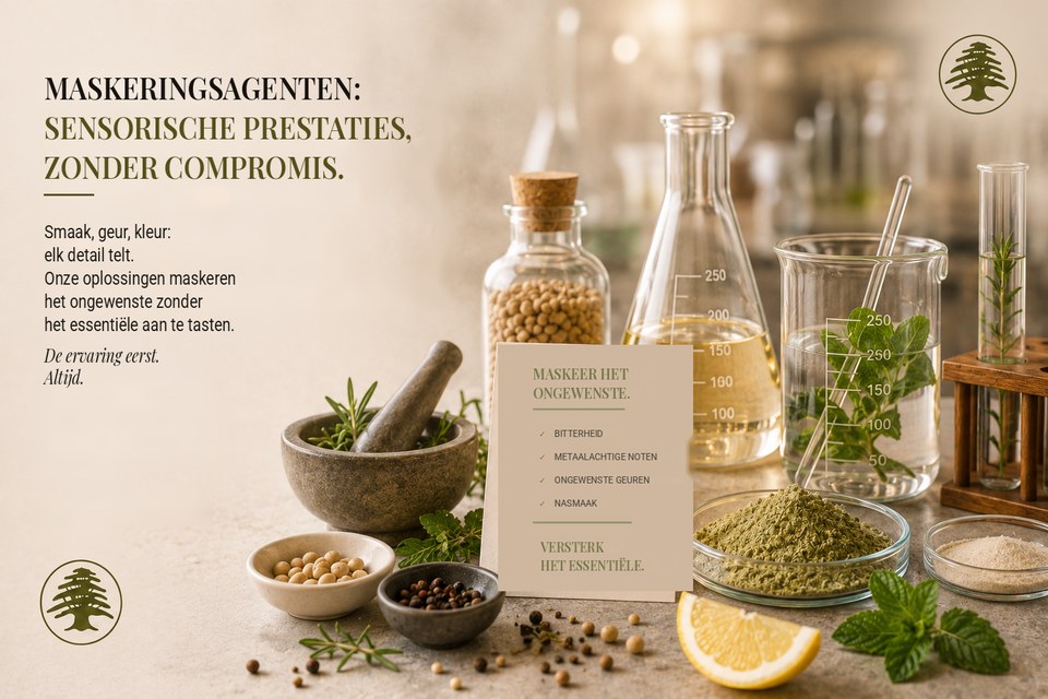 Labotafel: kolven en maatbekers, reageerbuizen met rozemarijn en munt, kommetjes specerijen, plantaardig poeder en een schijfje citroen