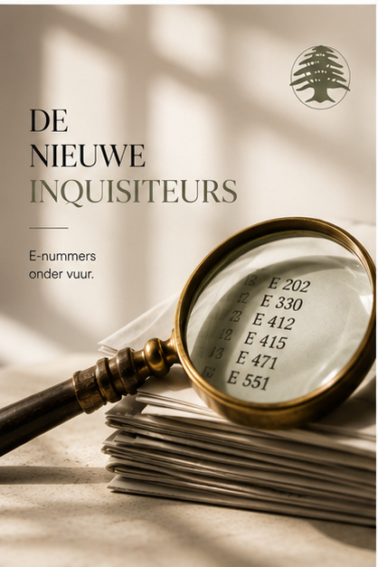 Vergrootglas op een stapel kranten, met een lijst van E-nummers