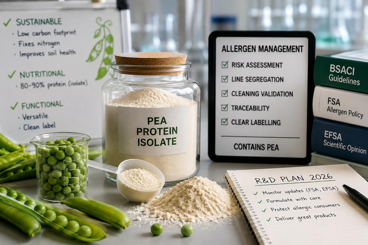 Bocal d’isolat de protéine de pois, gousses fraîches et check-list de gestion des allergènes