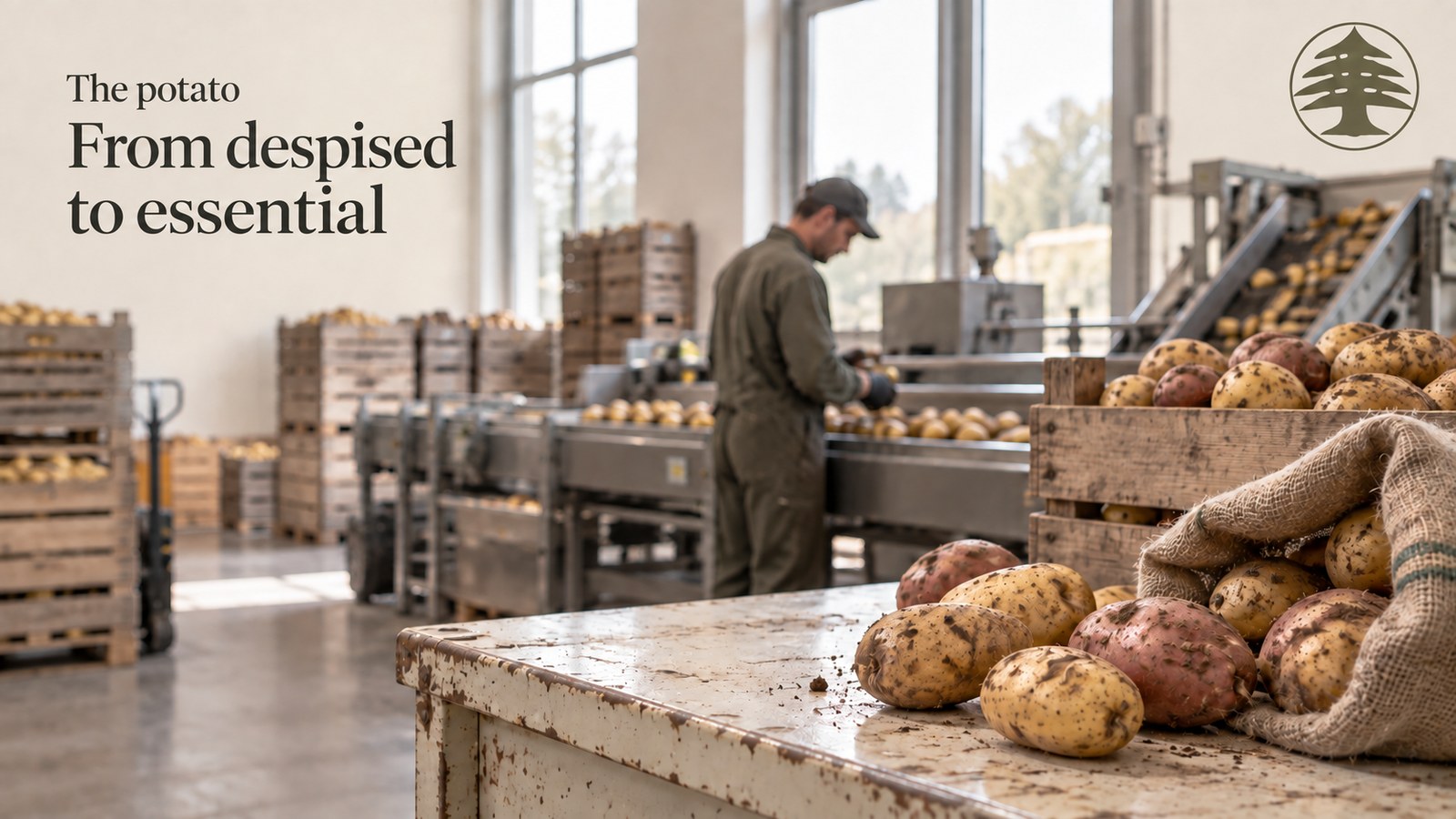 Potato grading room: wooden crates, a sorting line and a jute sack of earthy potatoes