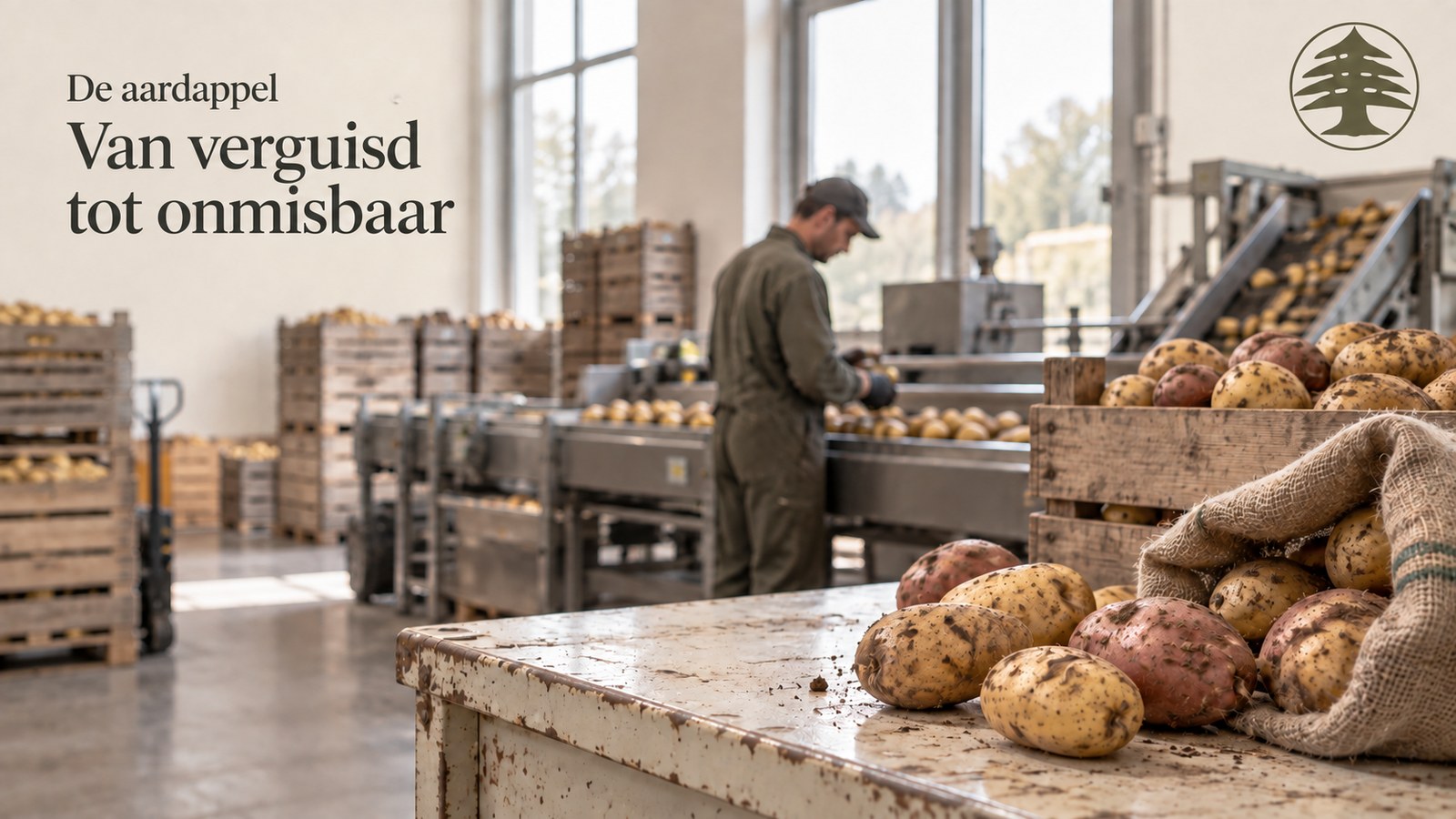 Aardappelsorteerruimte: houten kratten, een sorteerband en een jutezak met aardeaardappelen