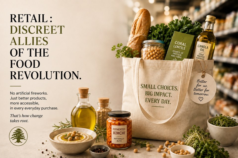 Canvas tote filled with groceries — baguette, kale, chickpeas, coral lentils, canola oil — in front of a supermarket aisle