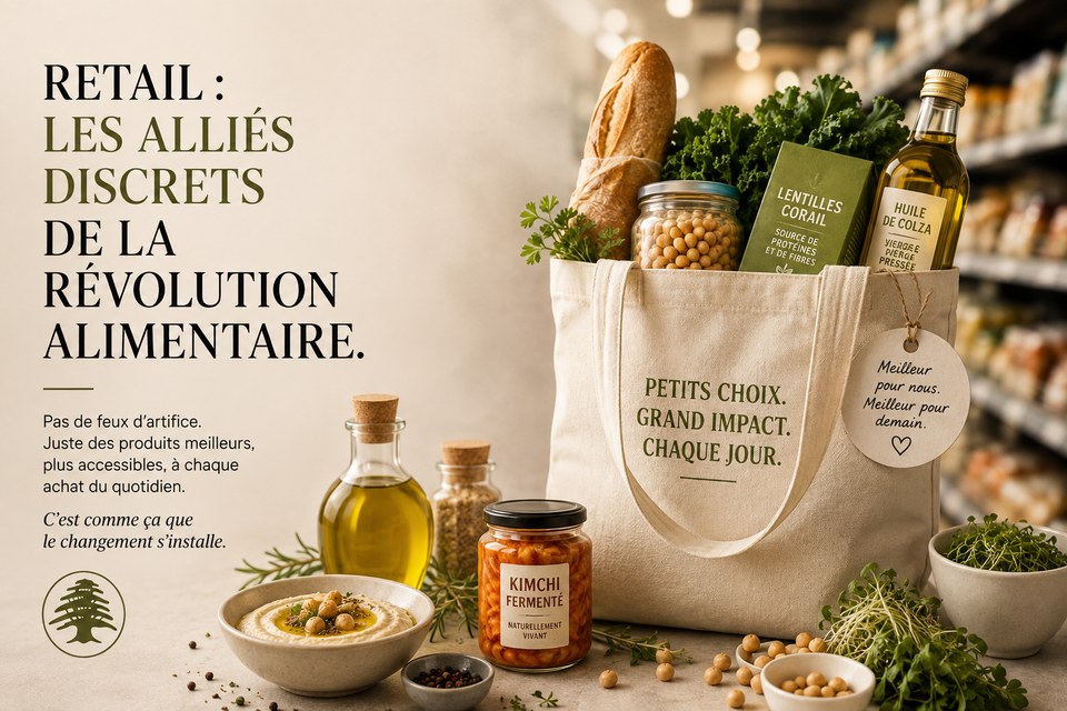 Cabas en toile rempli de courses — baguette, chou kale, pois chiches, lentilles corail, huile de colza — devant un rayon de supermarché