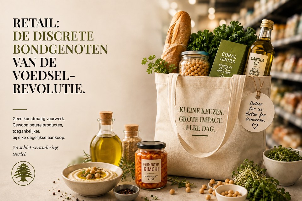 Canvastas vol boodschappen — stokbrood, boerenkool, kikkererwten, rode linzen, koolzaadolie — voor een supermarktschap