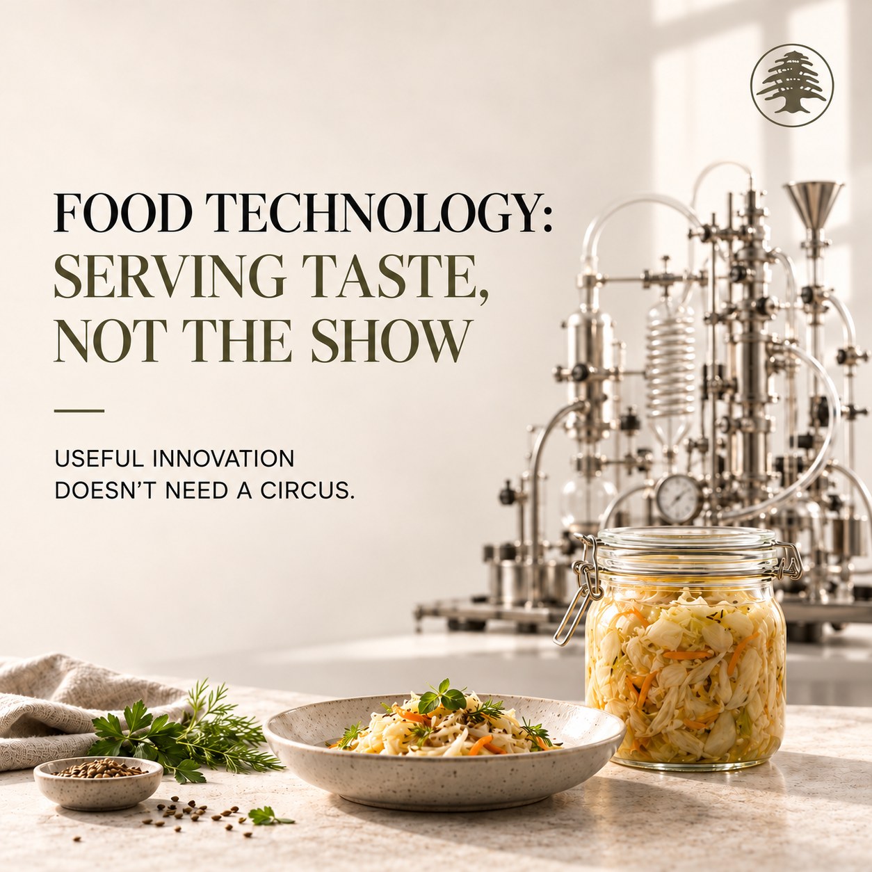 A dish of fermented vegetables beside lab apparatus: technology serving taste