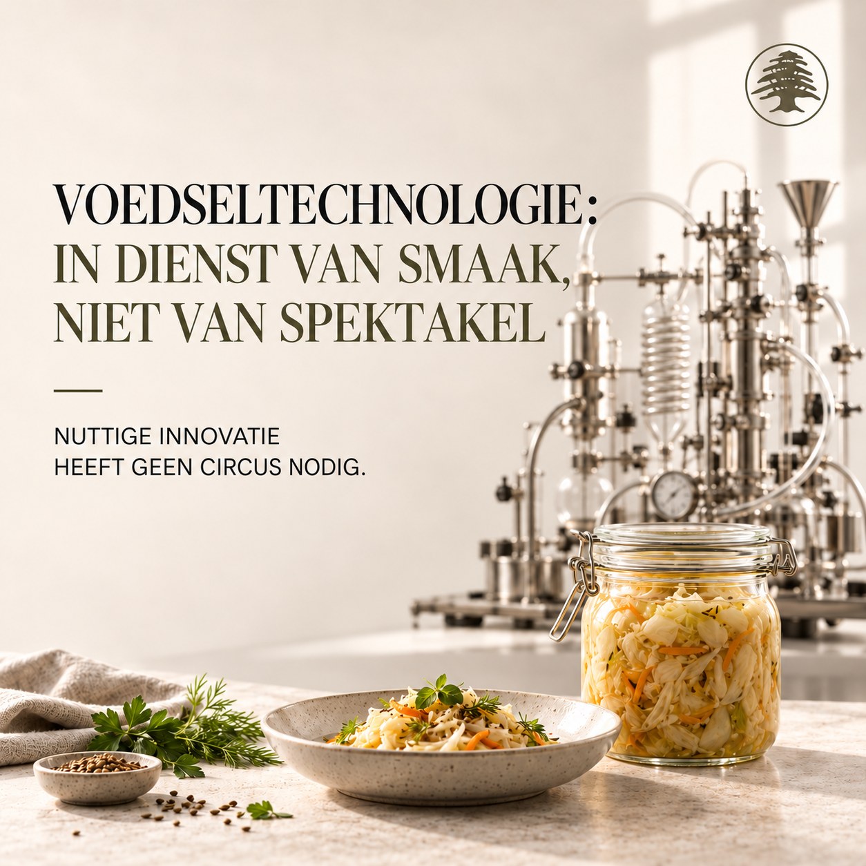 Een gerecht met gefermenteerde groenten naast labapparatuur: technologie in dienst van de smaak